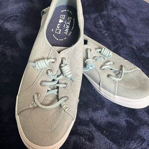 Ladies Sage Green Leather Sperry Sneakers